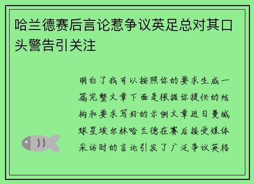 哈兰德赛后言论惹争议英足总对其口头警告引关注 哈兰德赛后言论惹争议英足总对其口头警告引关注