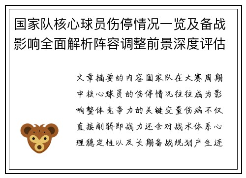 国家队核心球员伤停情况一览及备战影响全面解析阵容调整前景深度评估 国家队核心球员伤停情况一览及备战影响全面解析阵容调整前景深度评估